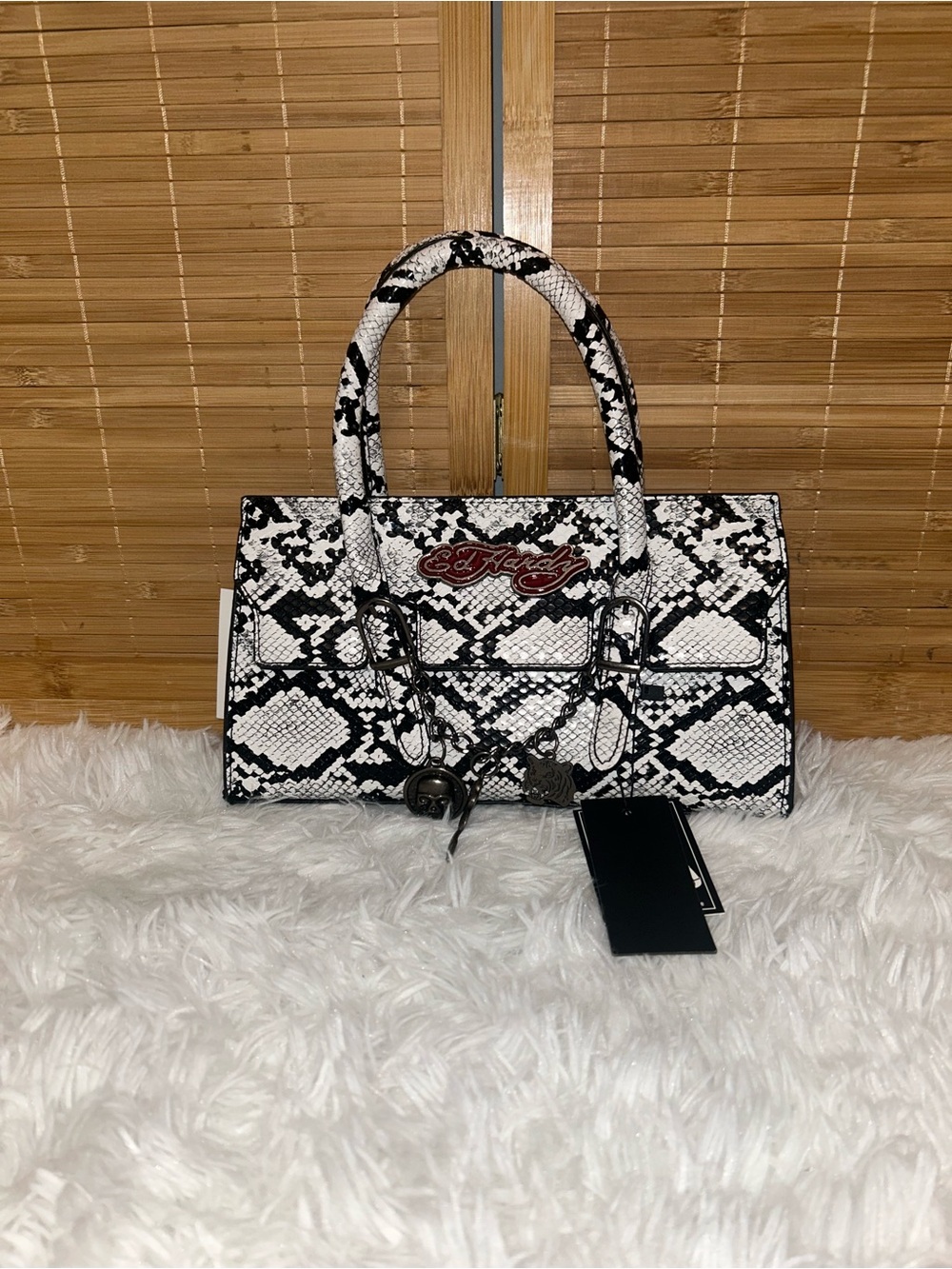 Ed Hardy Handbag Grey Snakeskin Charms Detachable cross body Strap purse NWT